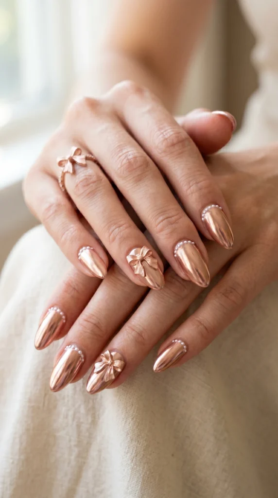 Almond nails in rose gold chrome with 3D silk bow charm accent and micro pearl edges