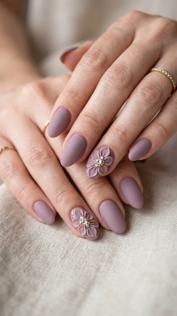 Oval matte dusty mauve nails with 3D sculpted flower blooms and rhinestone stamens on accent nails