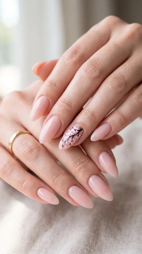 A woman's hand with a pink nail polish and a flower design.