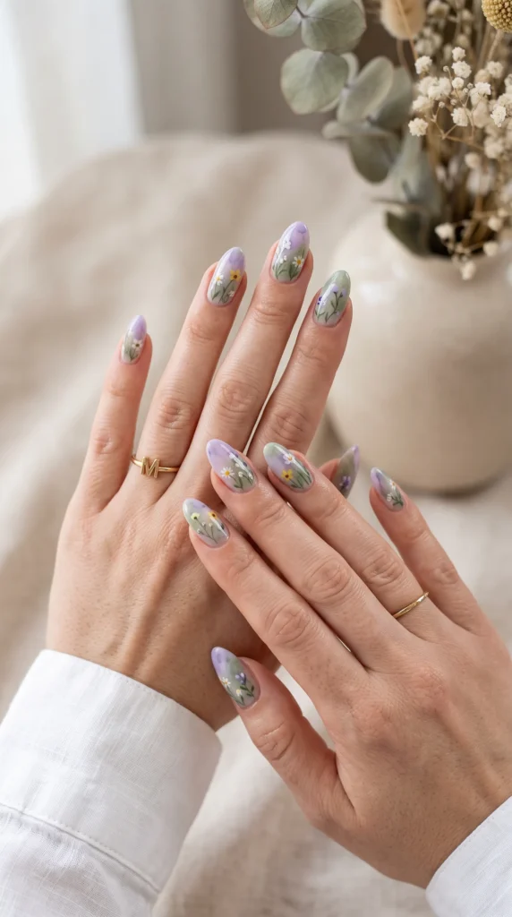 A woman with purple nail polish on her fingers.