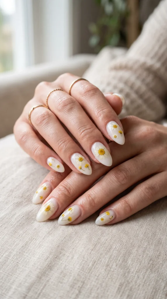 A woman with painted nails in the shape of flowers.