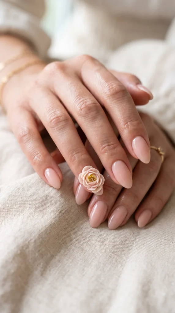A woman's hand with a ring on her finger.