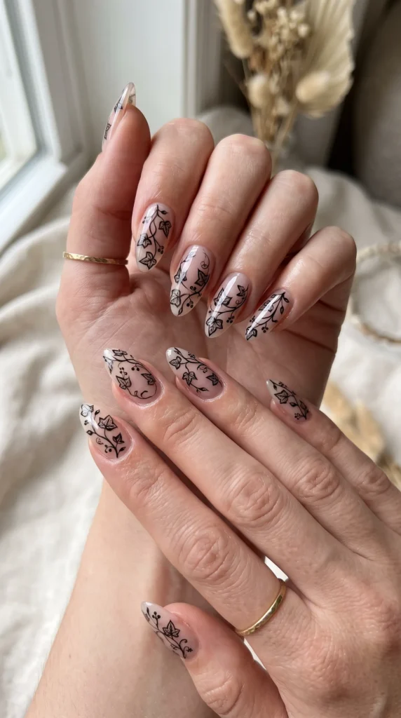 A woman with a flower design on her nails.