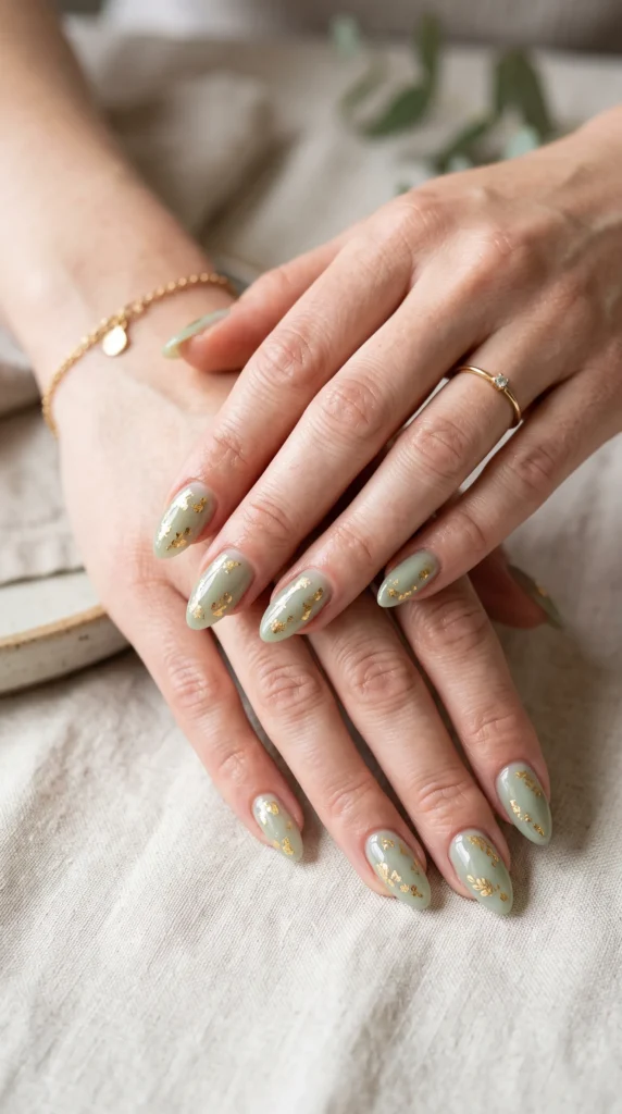 A woman with green nail polish and gold accents on her fingernails.