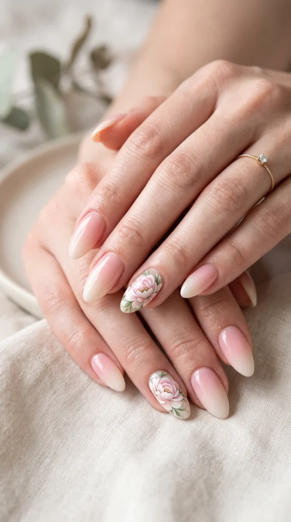 A woman with pink nail polish and a flower design on her nails.