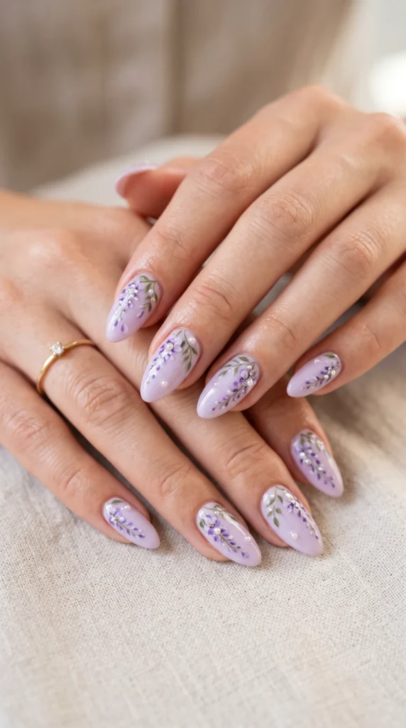 A woman with purple nail polish and a ring on her finger.