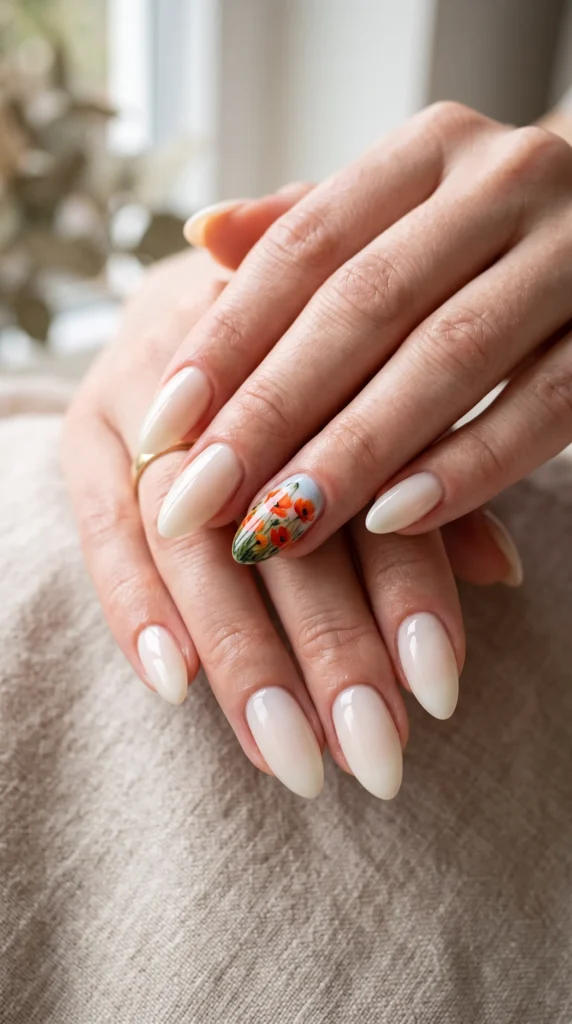 A woman with painted nails and a flower design on her fingernails.