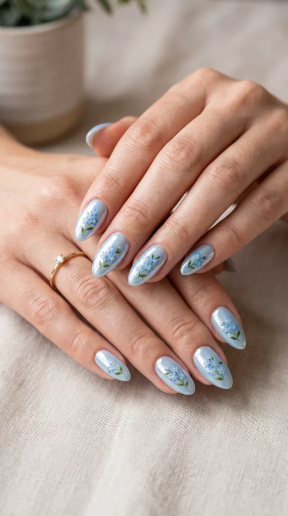 A woman with blue nail polish and a ring on her finger.
