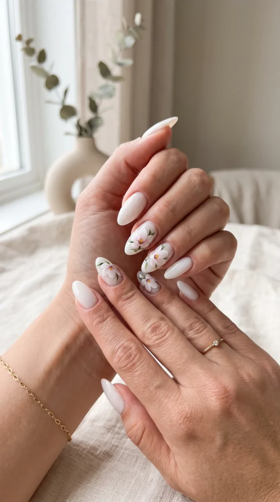 A woman with white nail polish and a ring on her finger.