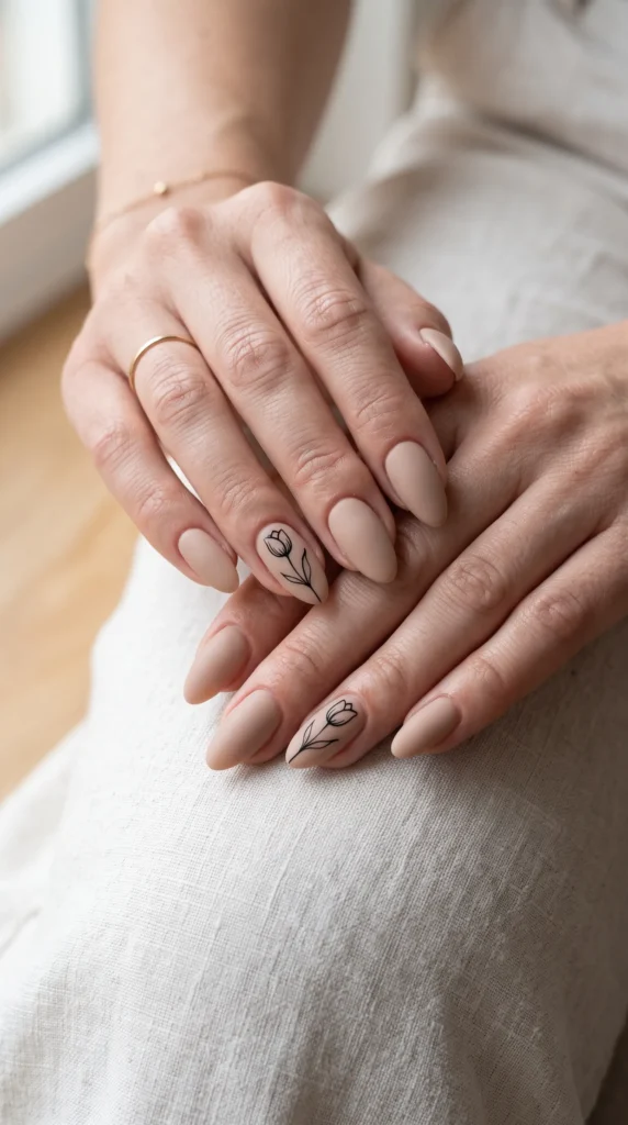 A woman with a flower painted on her nail.