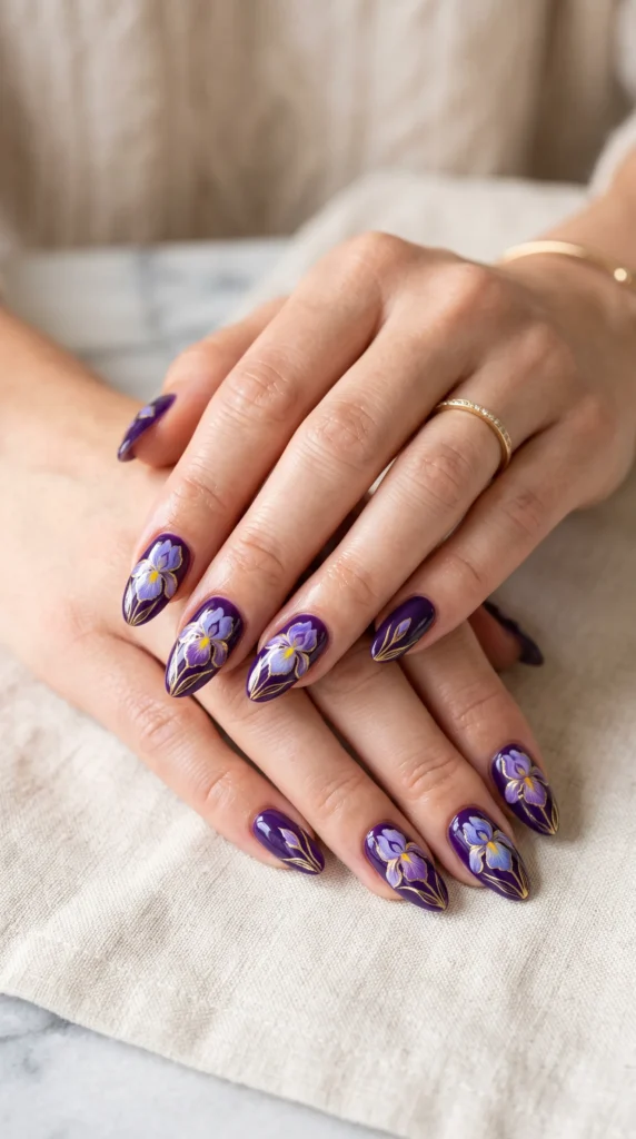A woman with purple nail polish and a gold ring on her finger.