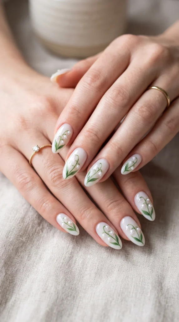 A woman with a ring on her finger has painted her nails with white and green designs.