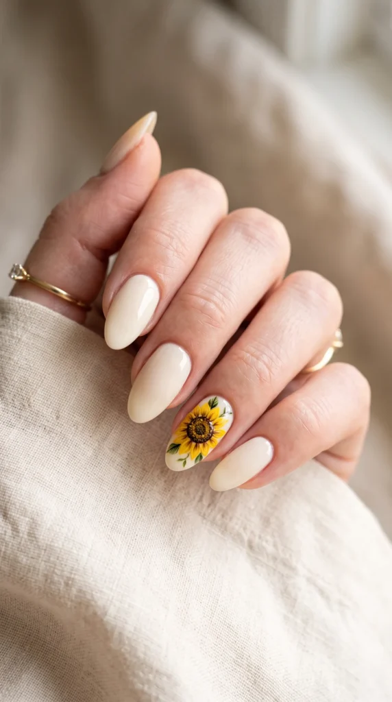 A woman's hand with a sunflower painted on her nail.