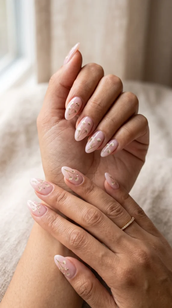A woman with pink nail polish on her fingers.