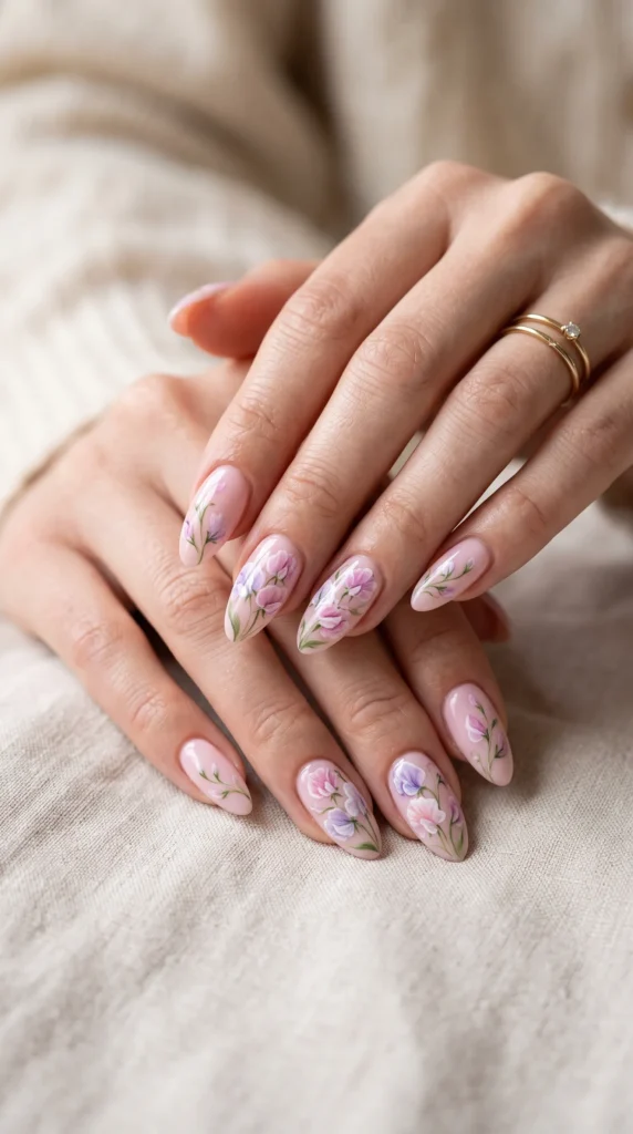 A woman with pink nail polish and a flower design on her nails.