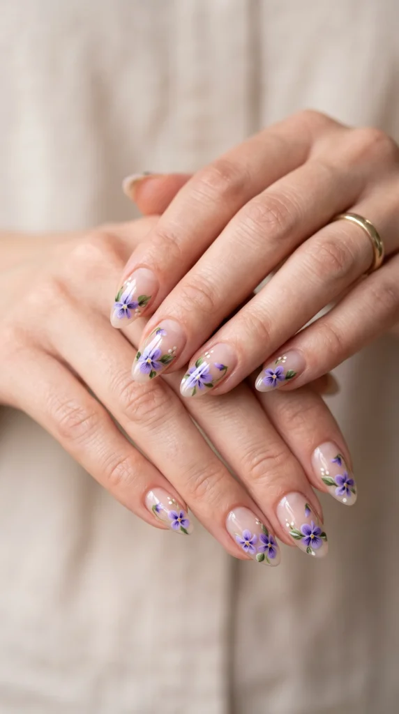 A person with purple nail polish and a ring on their finger.