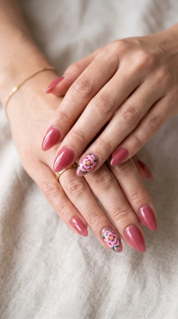 A person with pink nails and a ring on their finger.
