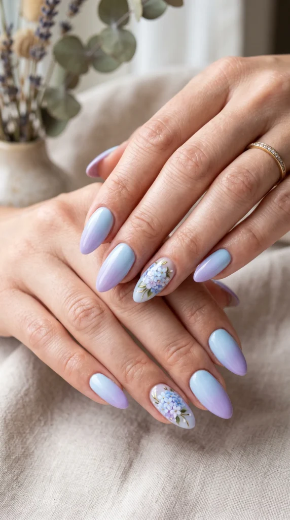 A woman with purple and blue nail polish.