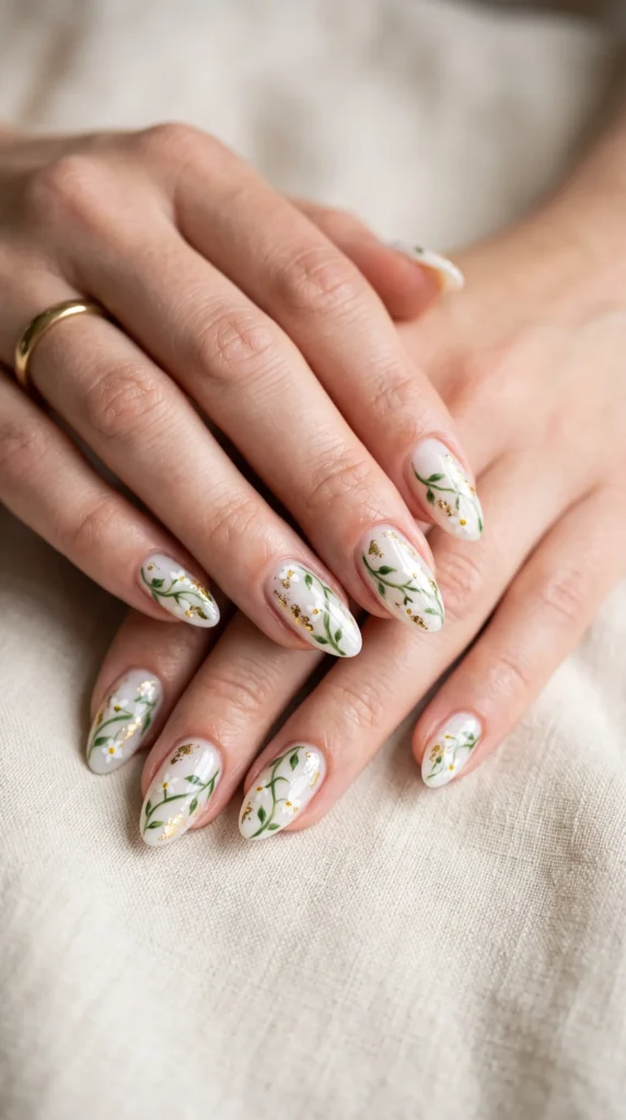 A person's hand with a yellow flower painted on the nail.