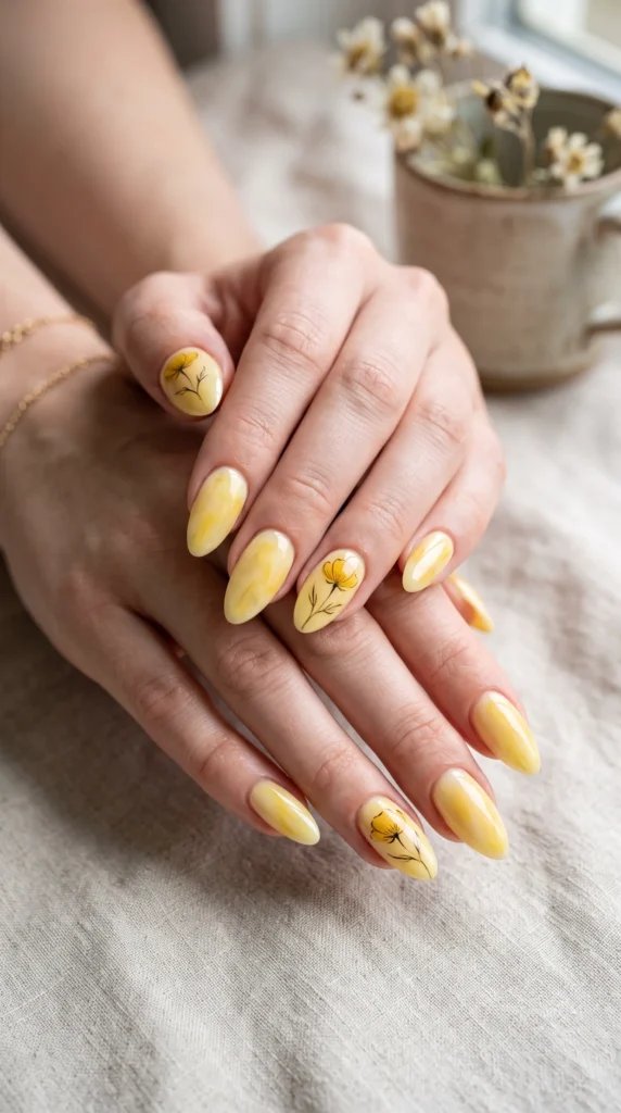 A woman with yellow nails and a yellow flower design on her nails.