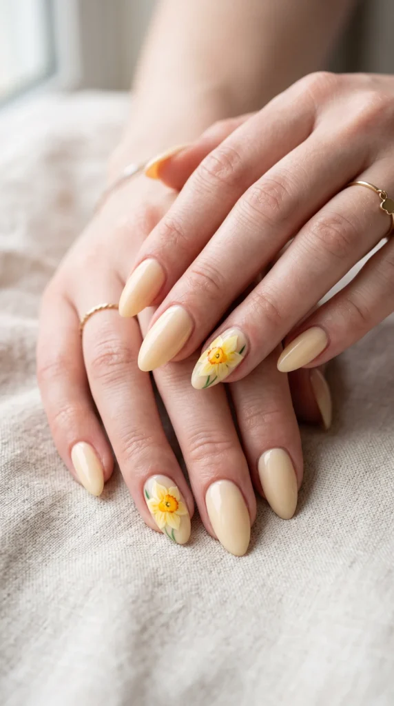A person's hand with a yellow nail polish and a flower design on the nail.