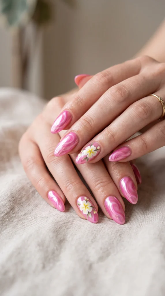 A woman's hand with pink nail polish and a flower design.