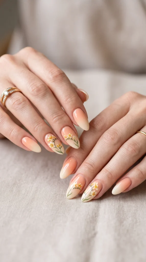 A woman's hands with painted nails and a ring on her finger.