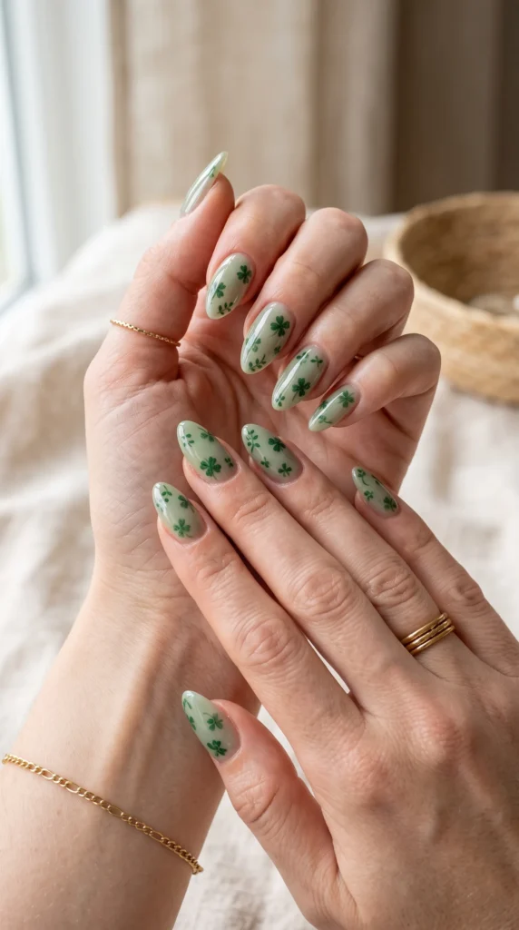 A woman with green nail polish on her fingers.