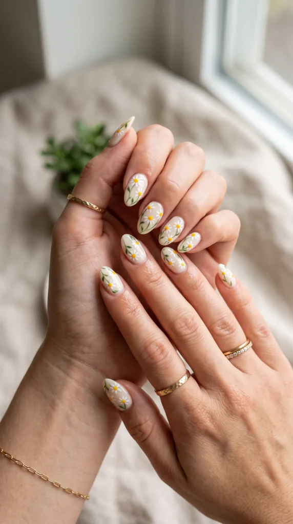 A woman with yellow and white nail polish on her fingers.