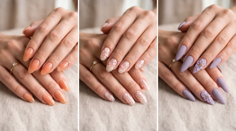 Three different colored nails on a person's fingers.