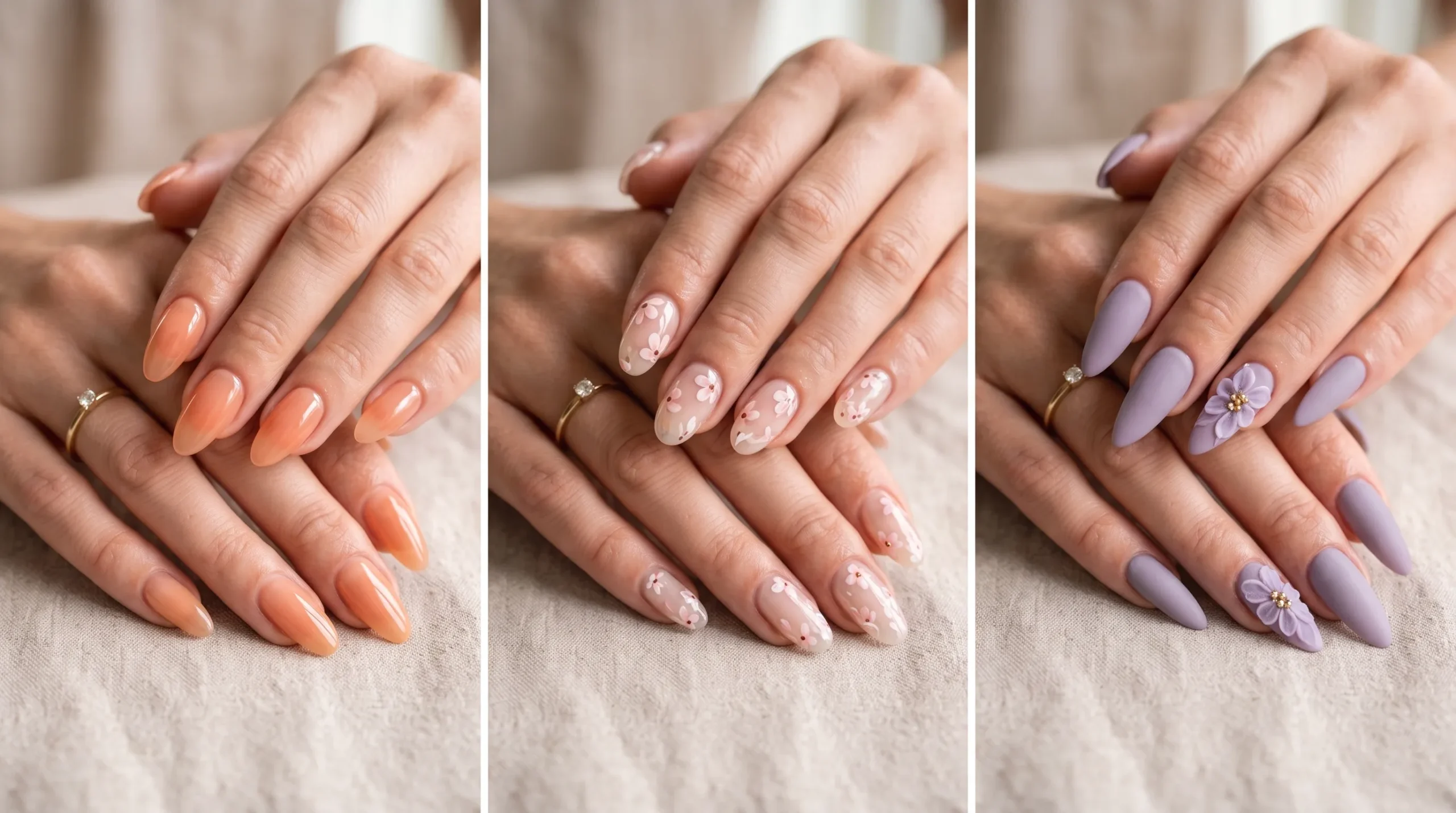 Three different colored nails on a person's fingers.