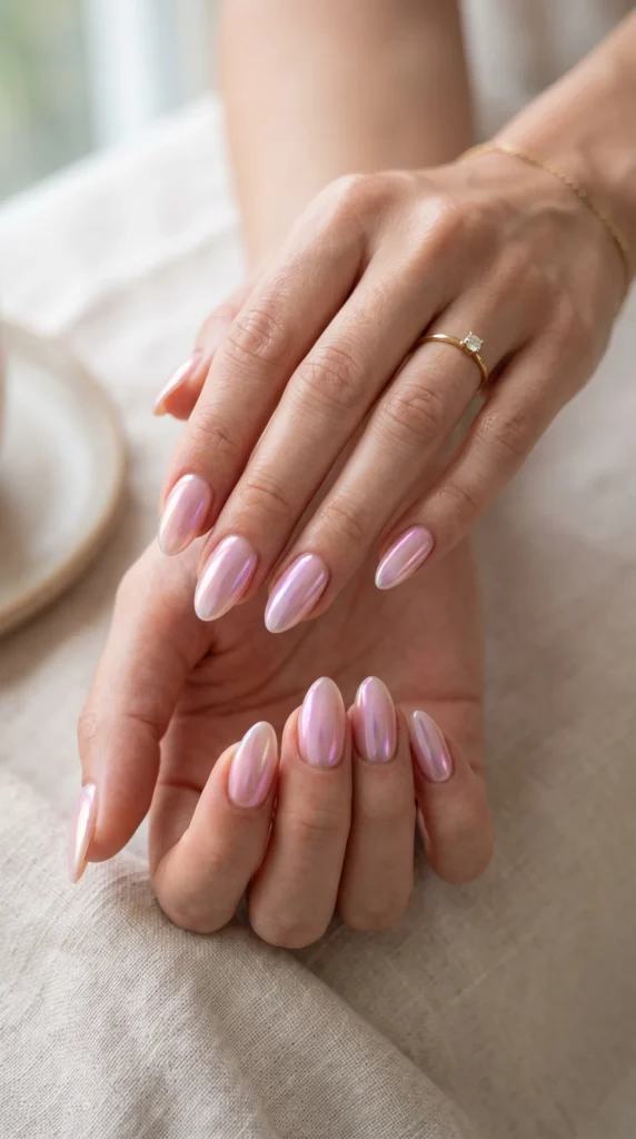 A woman's hand with pink nail polish.
