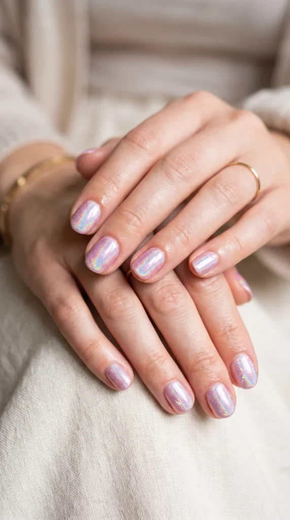 A woman's hand with a pink nail polish on it.