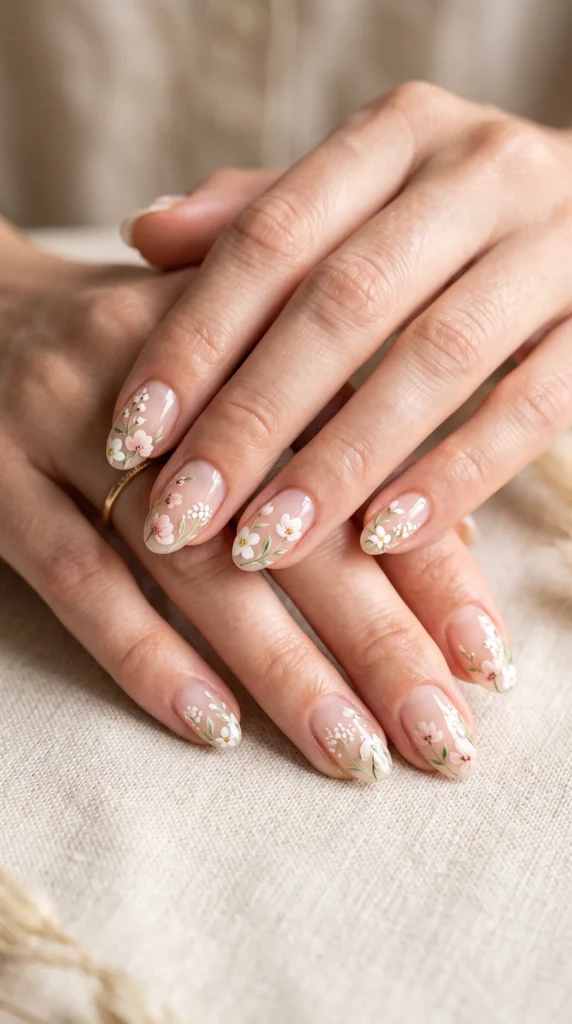 A woman's hand with a flower painted nail.
