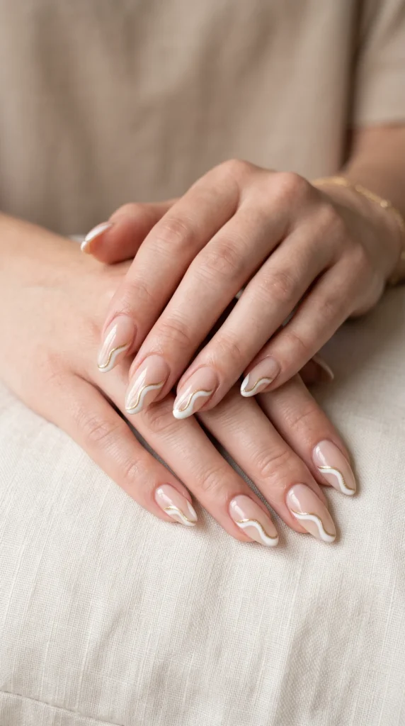 A woman's hand with white and gold nail polish.