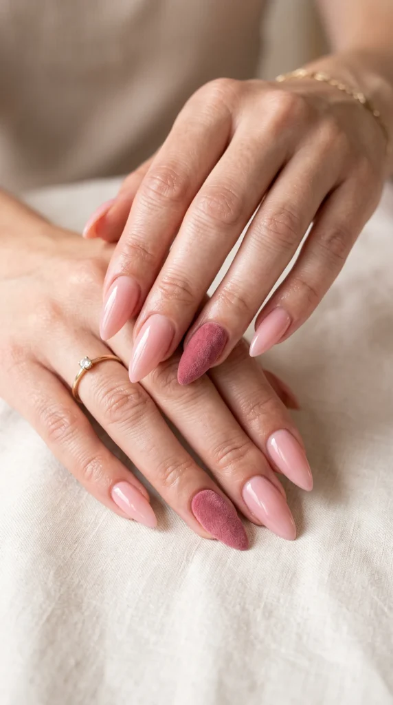 A woman with pink nail polish and a ring on her finger.
