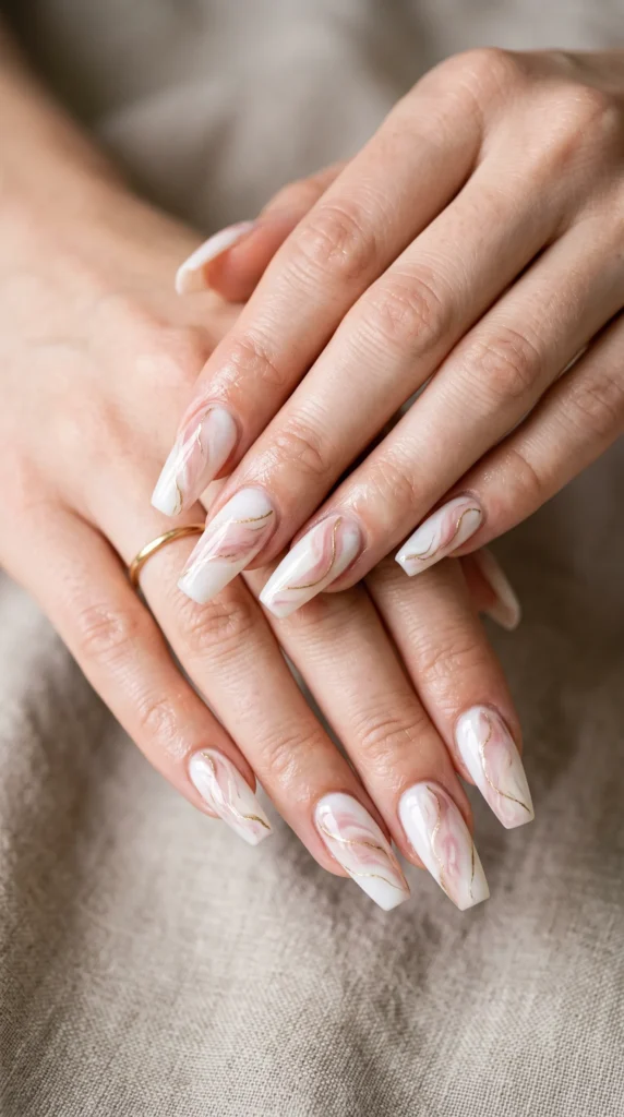 A person's hand with a ring on the finger and a white and pink painted nail.