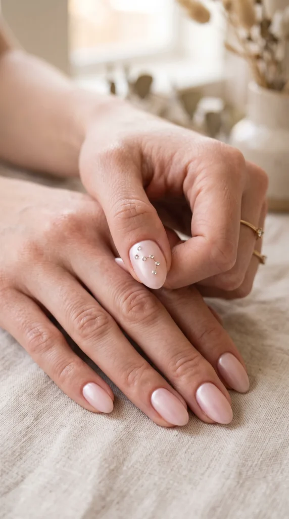 A person's hand with a pink nail polish and a ring on the finger.