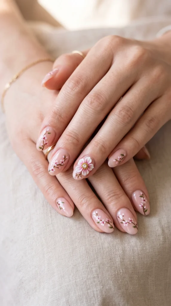 A person's hand with a pink flower painted on the nail.