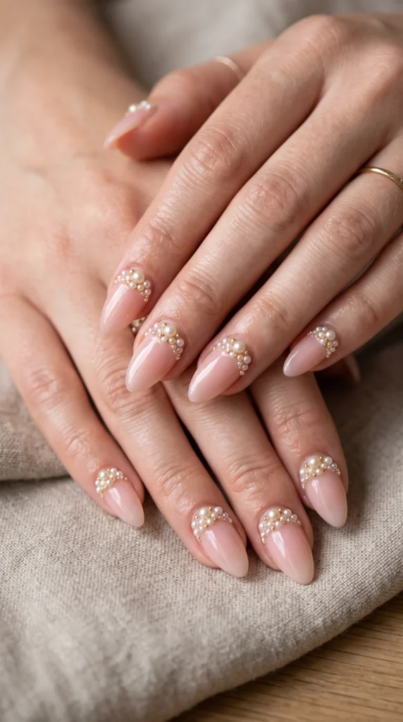 A woman's hand with pink nail polish and white beads on the nails.
