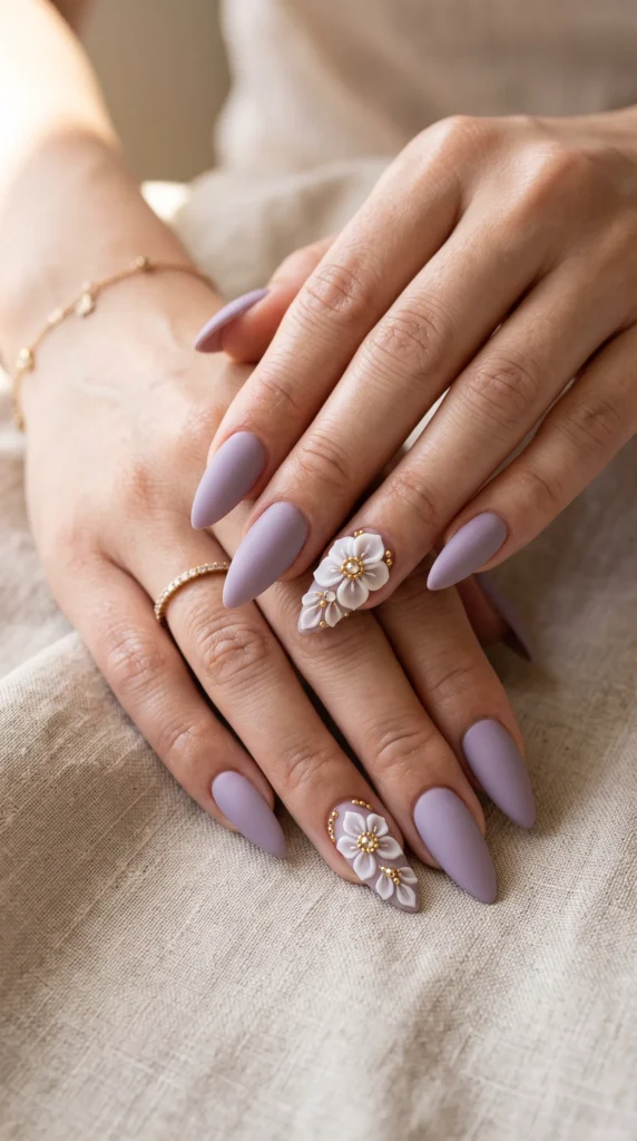 A woman's hands with purple nail polish and a white flower design on the nails.