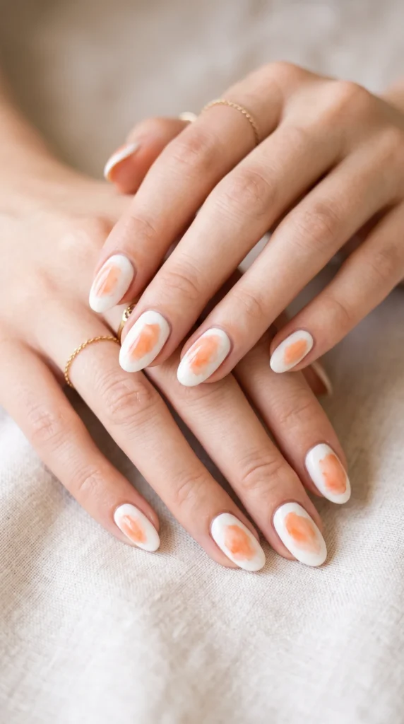 A woman's hand with a ring on her finger and a white nail with orange polish.