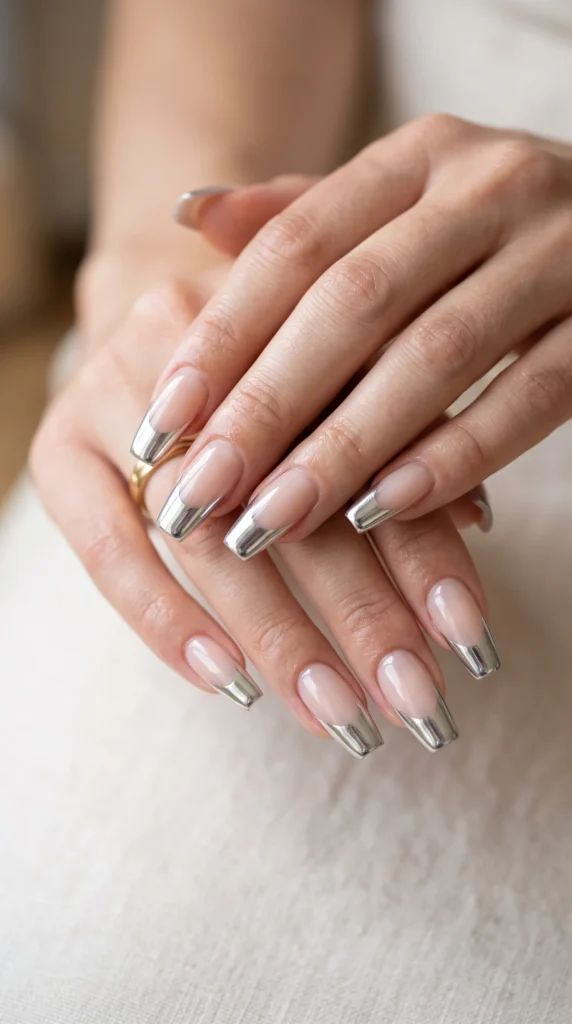A woman's hand with silver nail polish.
