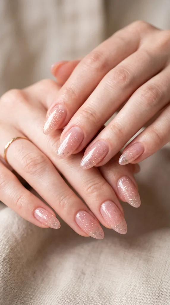 A person's hand with pink nail polish and glitter.