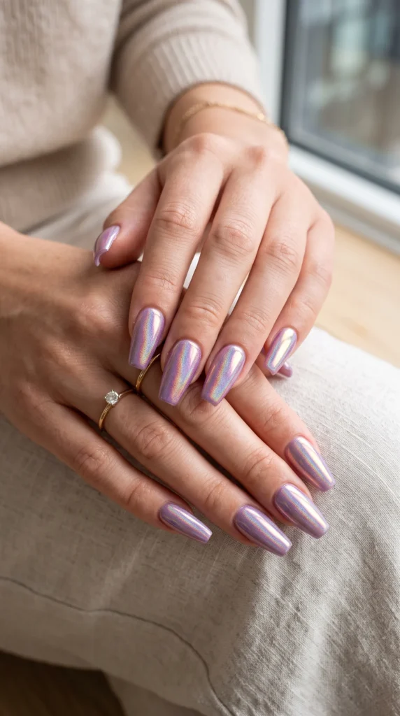 A woman with purple nail polish and a ring on her finger.,
aesthetic soft girl nail trends