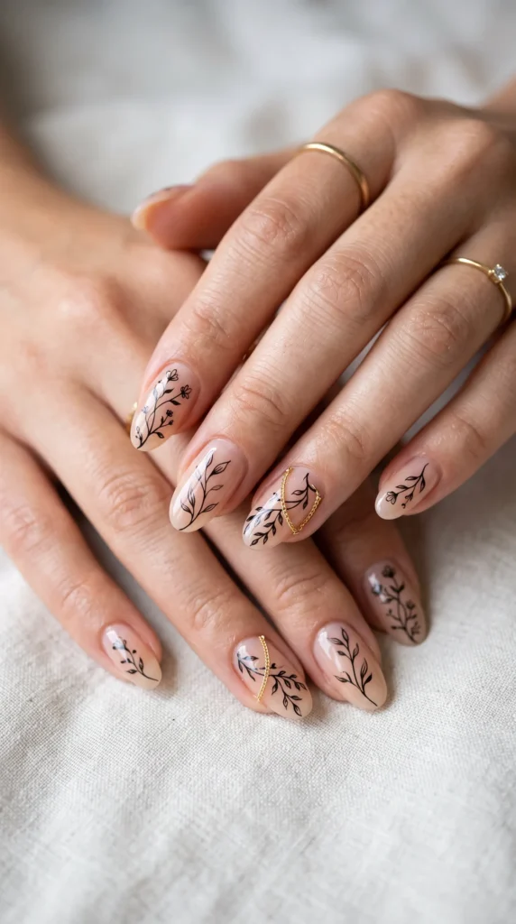 A woman's hand with a leaf design on her fingernails.