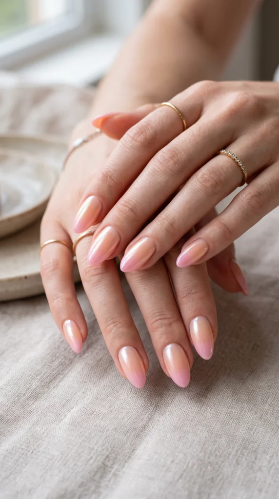 A woman's hand with pink nail polish.,
aesthetic soft girl nail trends