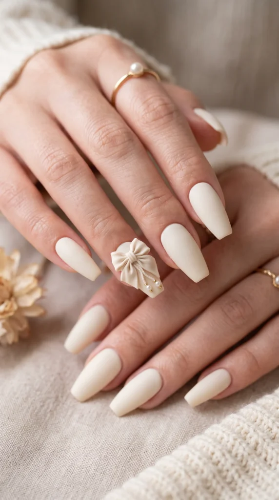 A woman with white nails and a ring on her finger.