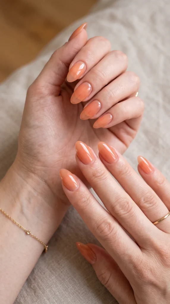 A person with orange nail polish on their fingers.