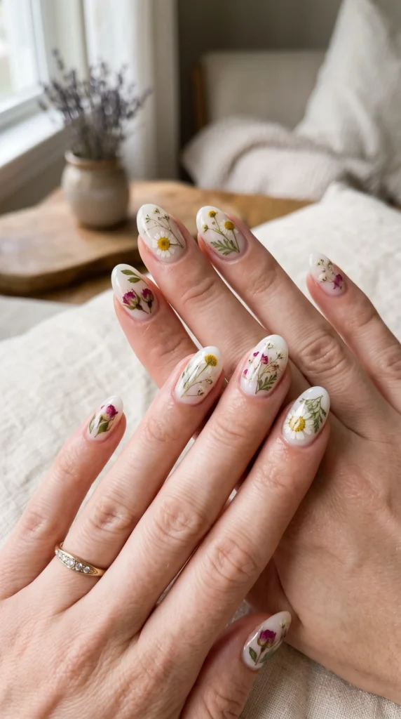 A woman with painted nails and a ring on her finger.